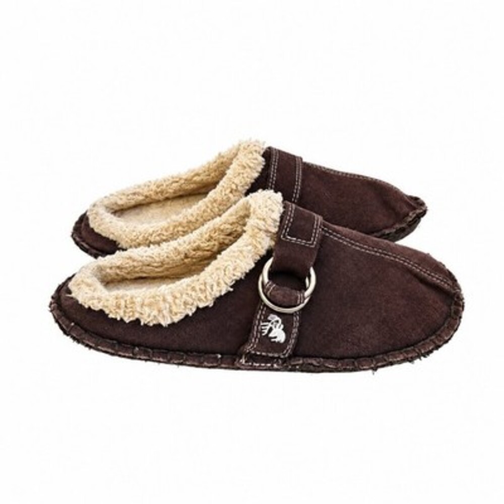 Minnetonka Womens 8 Brown Suede Moose Buckle Moccasin Slippers Faux Fur Clogs